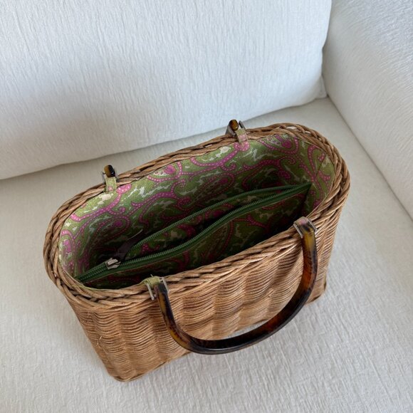 Kate Spade Wicker Basket Bag with Tortoise Handles & Paisley Interior - Picture 8 of 10